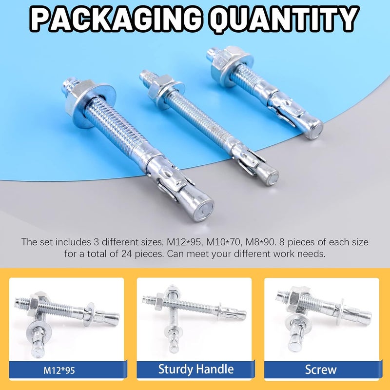 Glarks 24Pcs 3 Sizes 1/2"x 3"-3/4", 3/8" x 2-3/4", 5/16" x 3-1/2" Wedge Anchor Zinc Plated Heavy Duty Fastener Assortment Kit for Concrete - Image 3